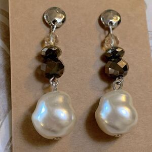 Vintage Earrings 2” Large Faux Pearl & Aurora Borealis Crystals Mixed Media